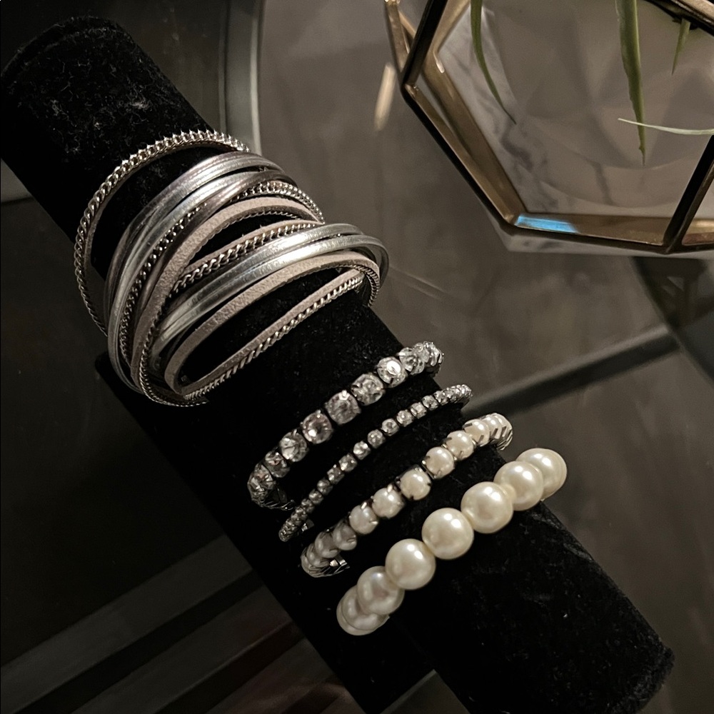 Silver and Pearl Layered Bracelet Bundle Set (5)